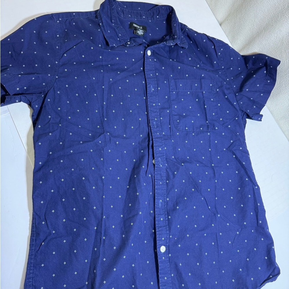 Forever 21 Men‎ Navy Blue Micro Diamond Print Short Sleeve Button Down Shirt M